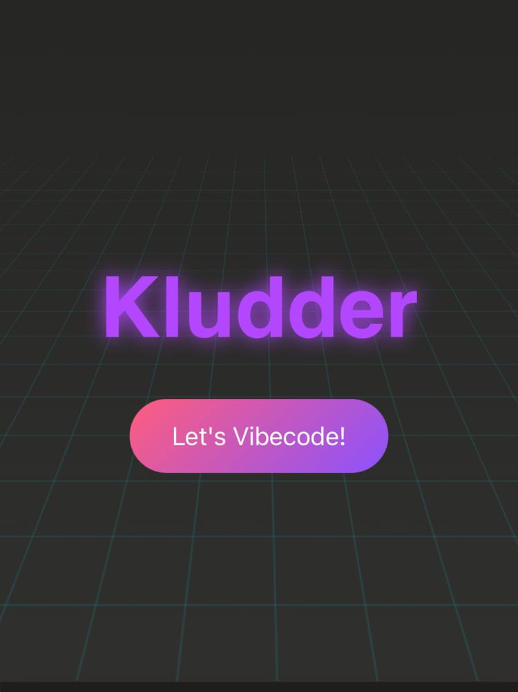 Kludder logo inspirert av 1980-tallets neon-stil. "Let's vibe code!" er skrevet i en lilla boks under "Kludder".